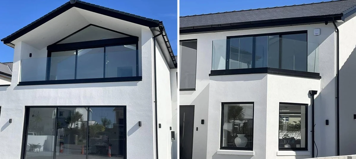 glass-balcony-juliet-balconies-render-house-swansea-swansea-glass-balustrades Glass balcony balustrade showing juliet balconies render house in Swansea by Swansea Glass Balustrades